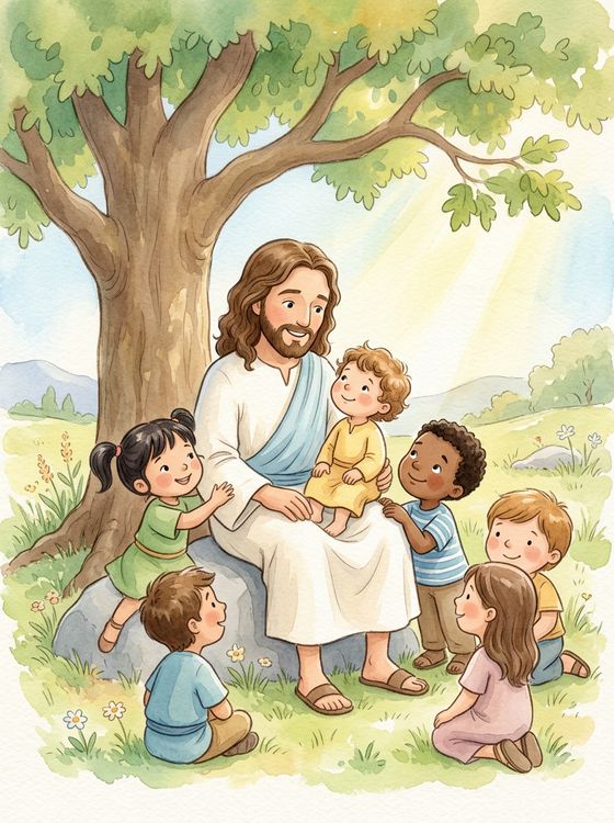 Jesus sentado sob uma árvore com crianças sorrindo ao redor