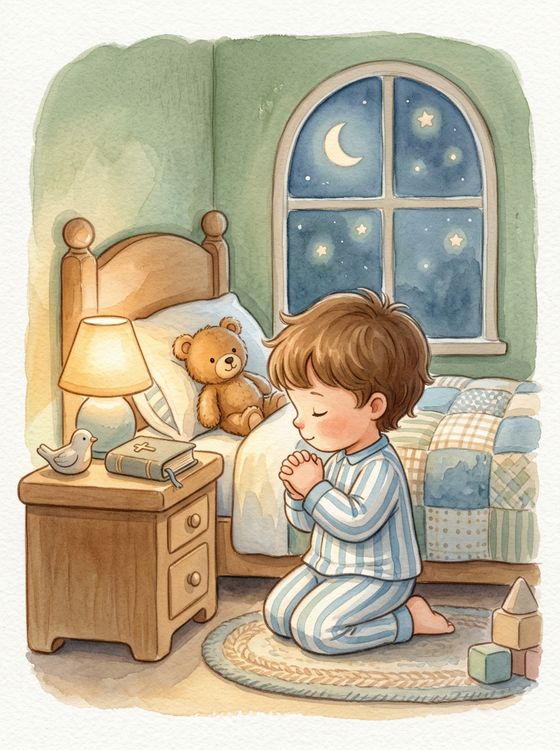 Criança de pijama orando ao lado da cama, com um abajur aceso