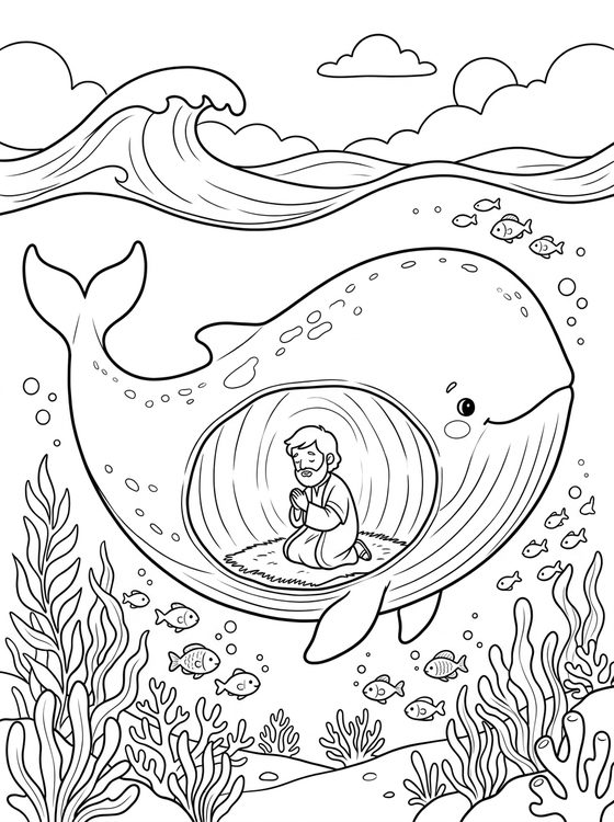Página para colorir de Jonas dentro do grande peixe