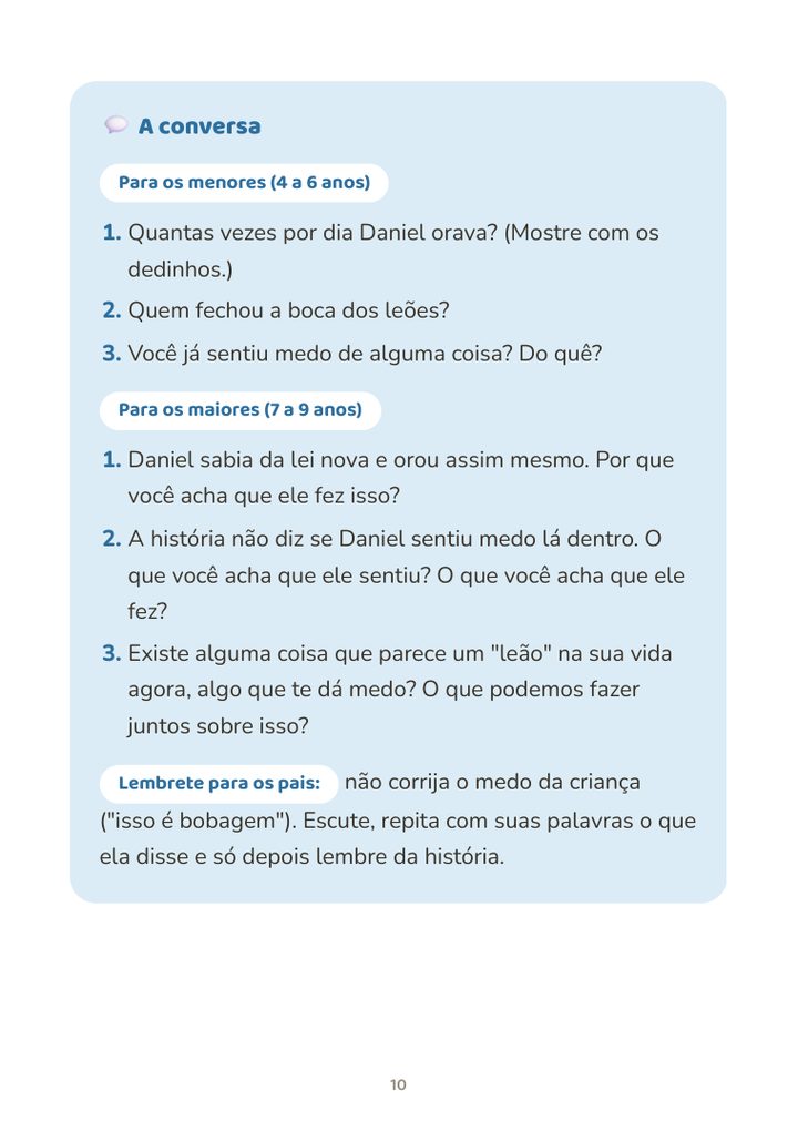 Perguntas da conversa, separadas por idade